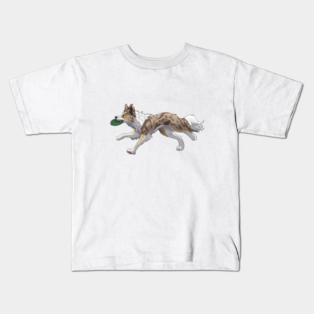 Running Tricolor Brown Lilac Merle Border Collie with Frisbee Kids T-Shirt by Bamsdrawz